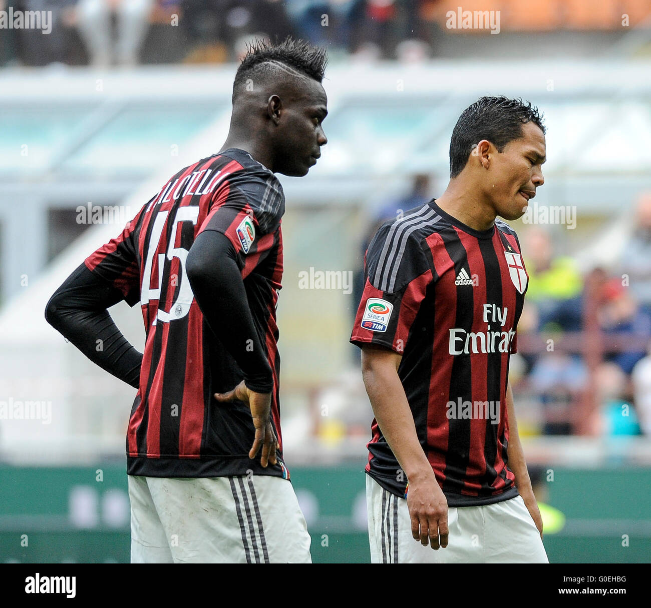 Milan, Italy. 1 may, 2016: Mario Balotelli (left) and Carlos Bacca look on during the Serie A football match between AC Milan and Frosinone Calcio Credit:  Nicolò Campo/Alamy Live News Stock Photo