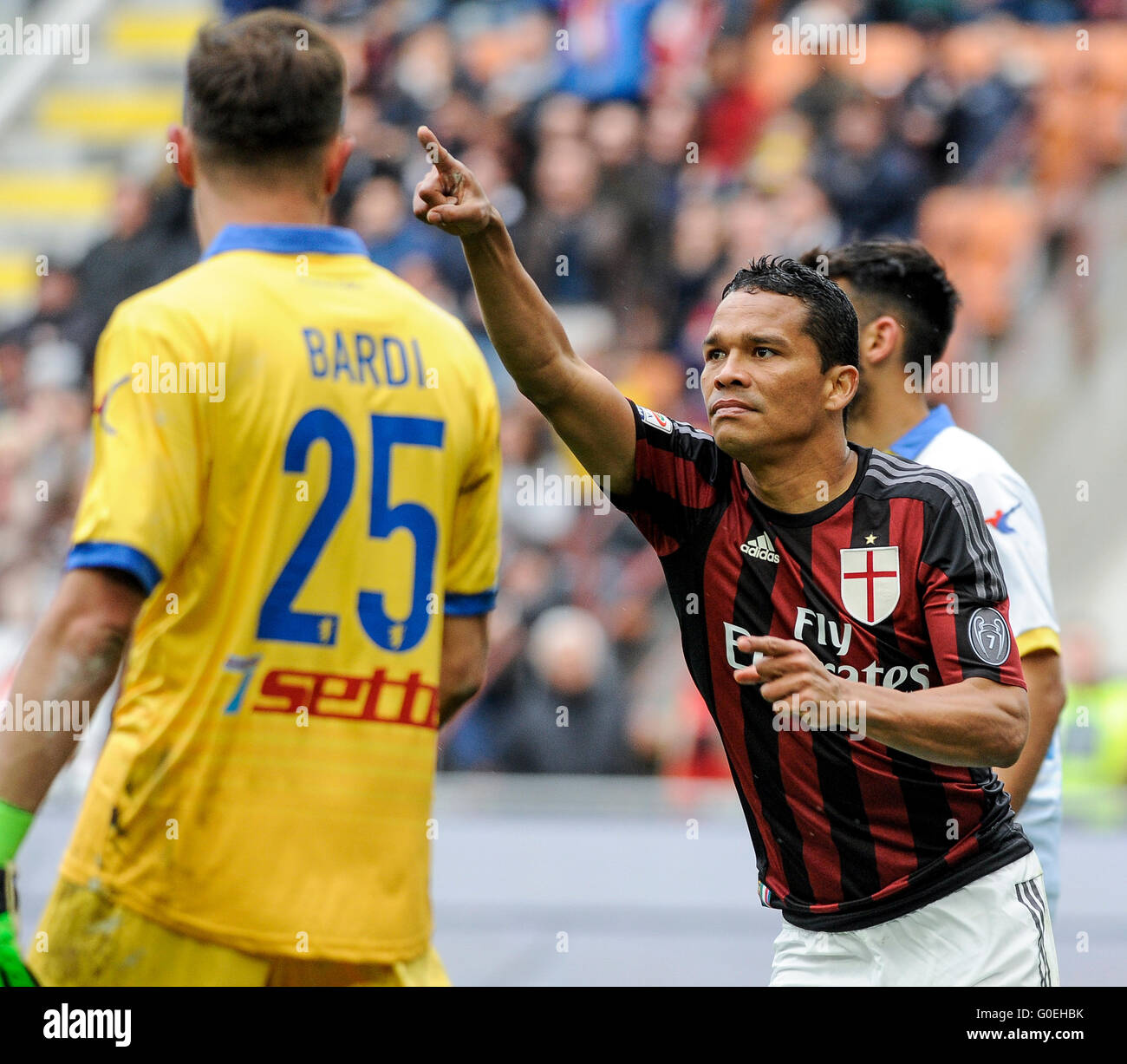 Milan, Italy. 1 may, 2016: Carlos Bacca celebrates after scoring during the Serie A football match between AC Milan and Frosinone Calcio Credit:  Nicolò Campo/Alamy Live News Stock Photo