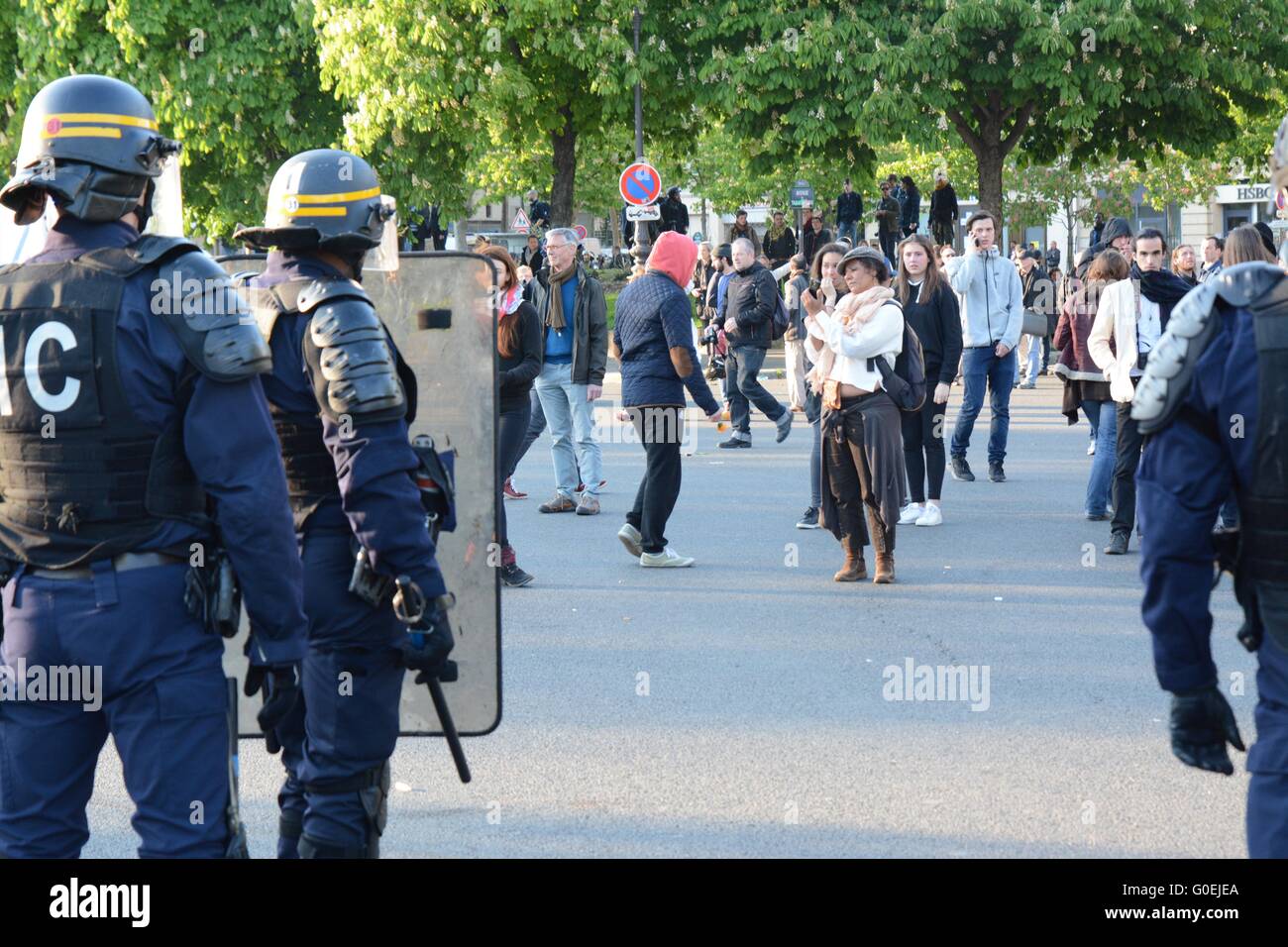 Paris, France. 1 May 2016. French CRS Police officers face off against members of the public following clashes in Paris' Place de la Nation. Credit: Marc Ward/Alamy Live News Stock Photo