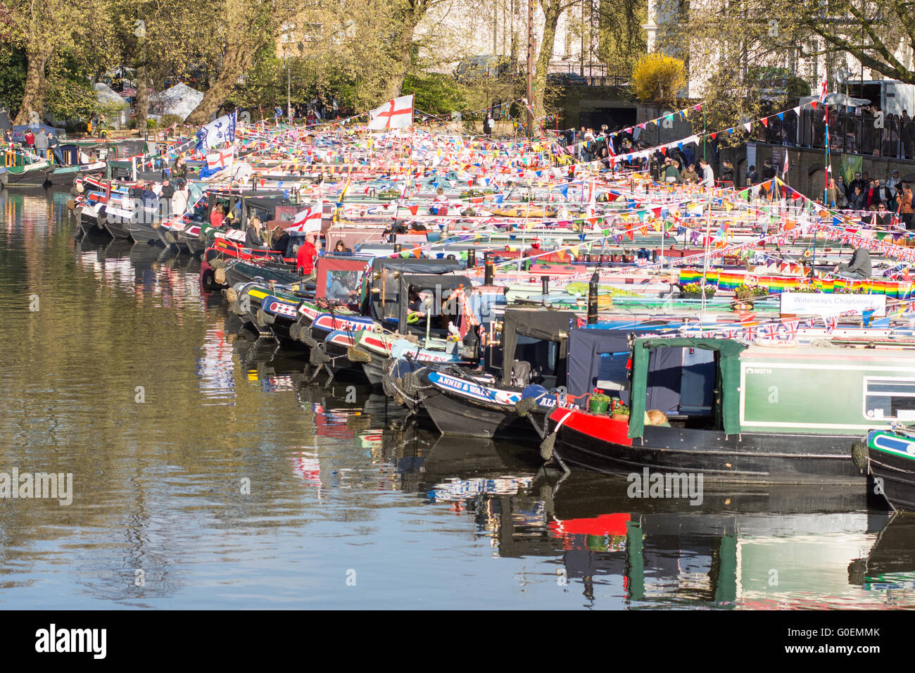 London, UK. 1st May, 2016. London, England - April 30, 2016: Canal boats gather at Little Venice on the Grand Union Canal for the Inland Waterways Association Cavalcade. Credit:  Joe Dunckley/Alamy Live News Stock Photo
