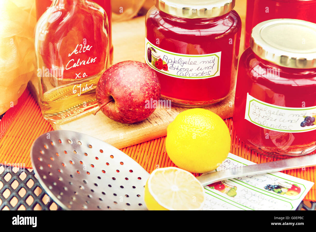 Screw-top glasses with spiced apple jelly, label a Stock Photo