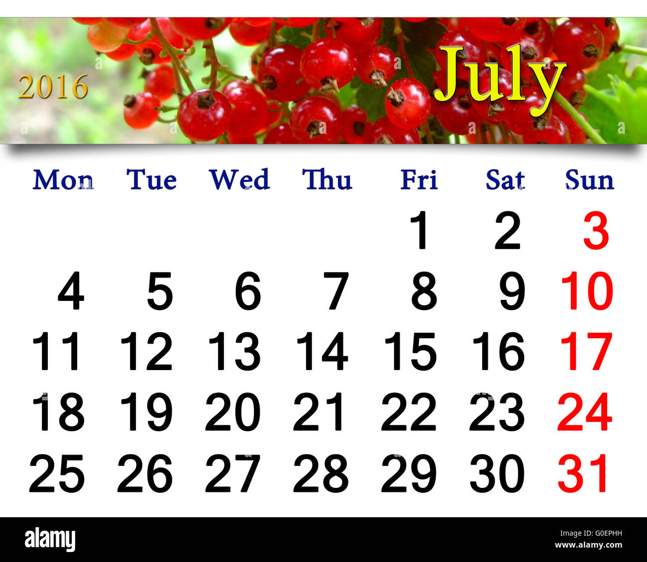 calendar for July 2016 with red snowball tree Stock Photo - Alamy