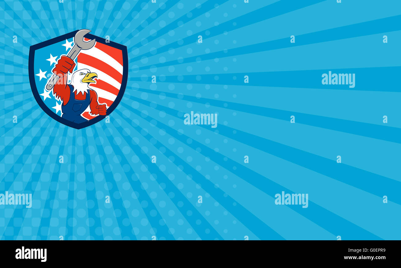 Business card American Bald Eagle Mechanic Spanner USA Flag Shield Cartoon Stock Photo