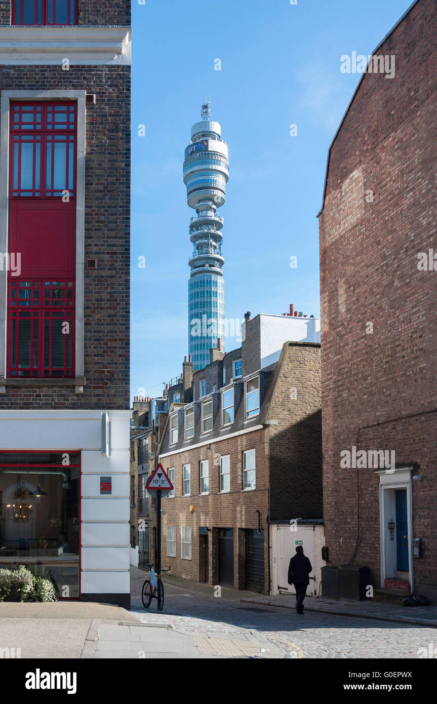 Post Office Tower from Grafton Mews, Fitzrovia, London Borough of Camden, Greater London, England, United Kingdom Stock Photo