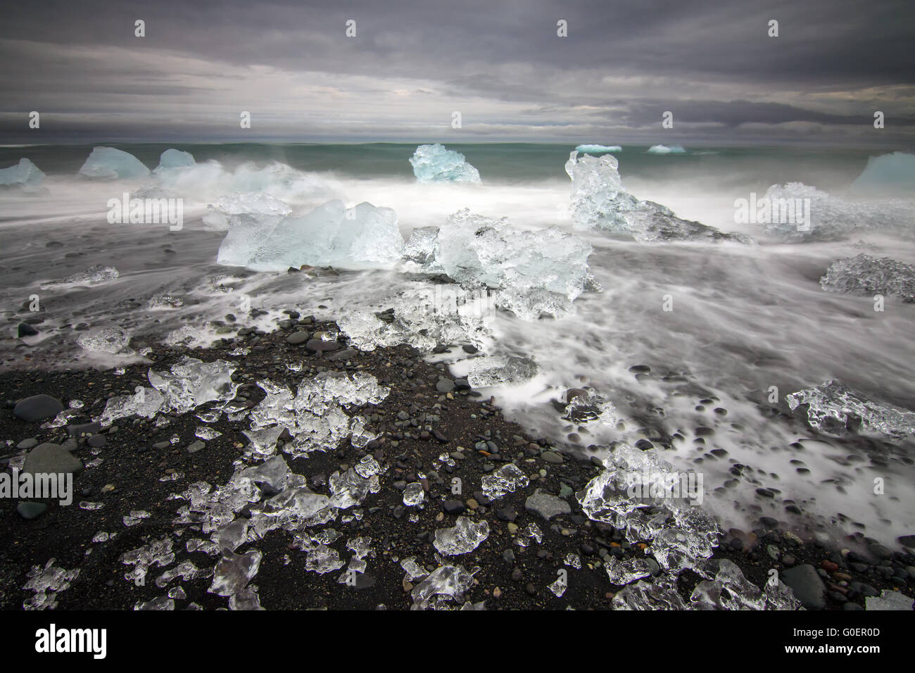 Ice blocks at a beach in Iceland near Jokulsarlon Stock Photo