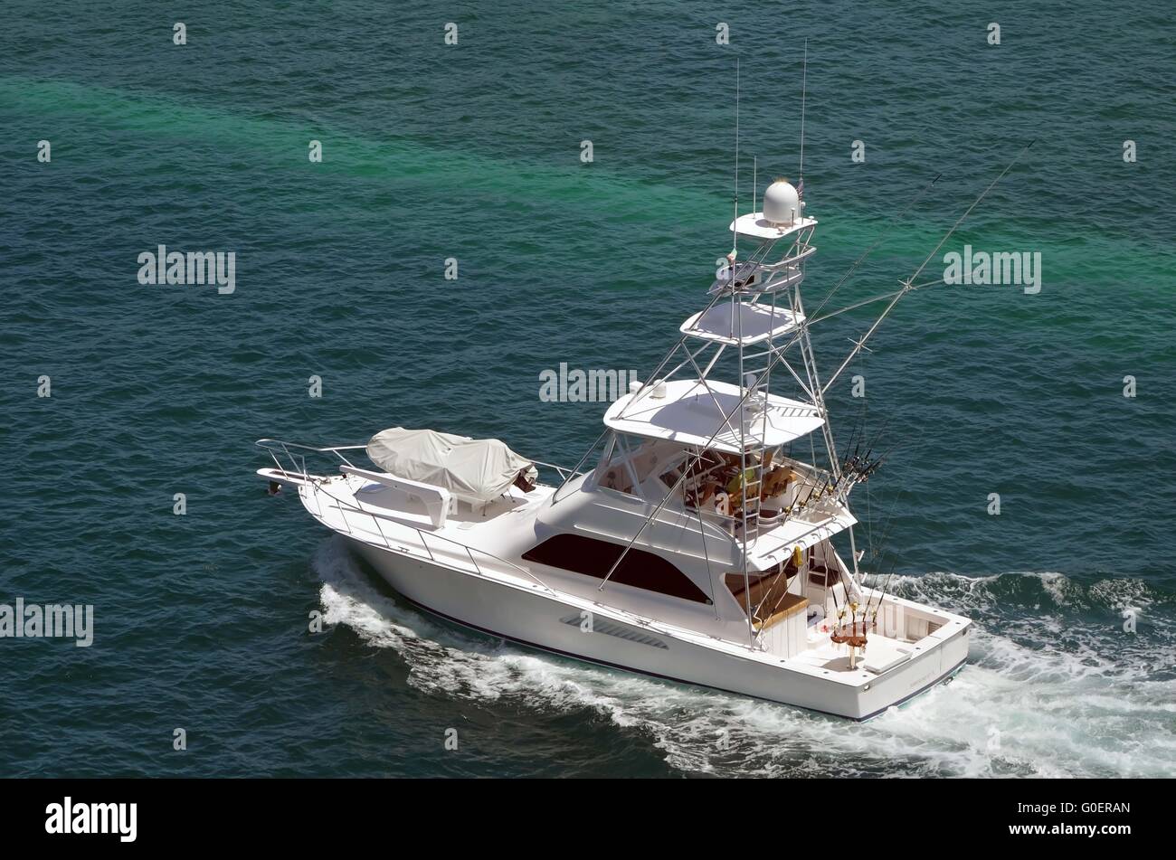 Sport Fishing boat with flying bridge Stock Photo