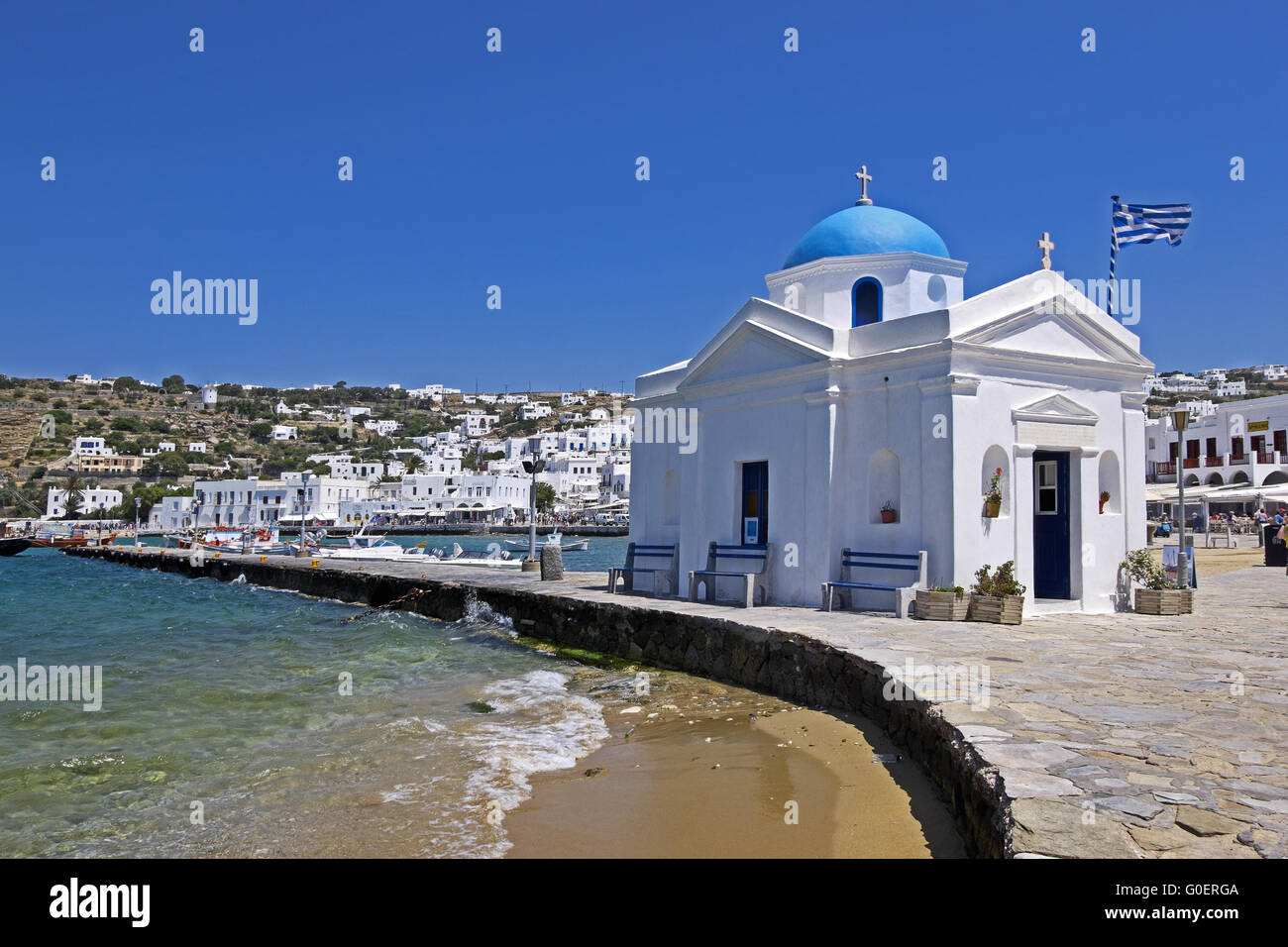 Church in the bay of Mykonos Stock Photo