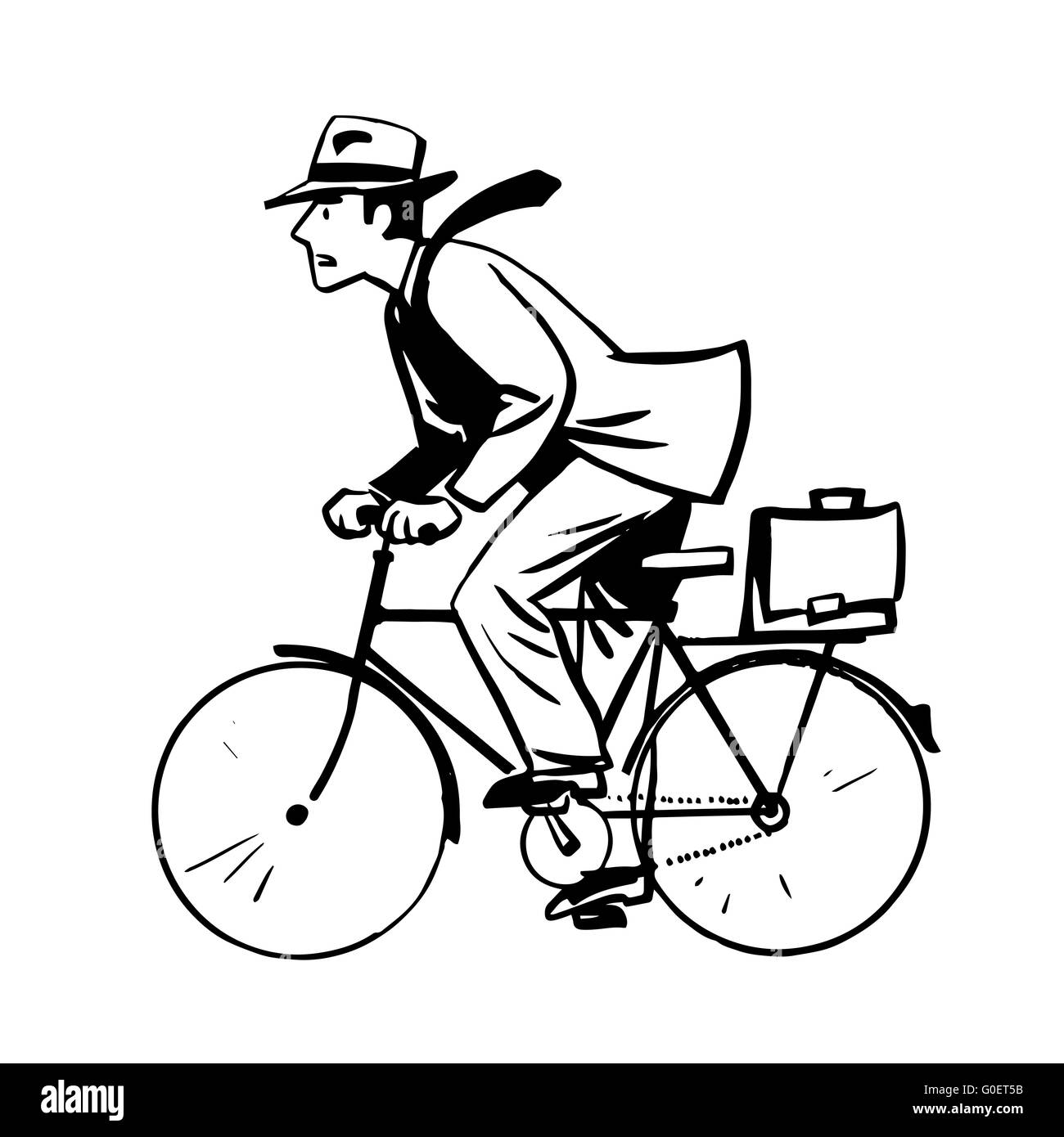 businessman quickly rides Bicycle line art retro sketch Stock Photo