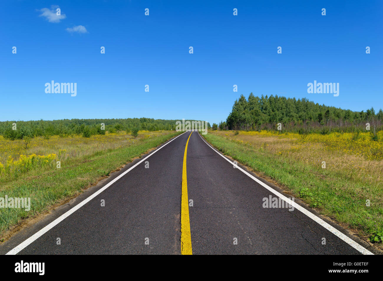 Road with yellow & white lines solid road markings Stock Photo Alamy