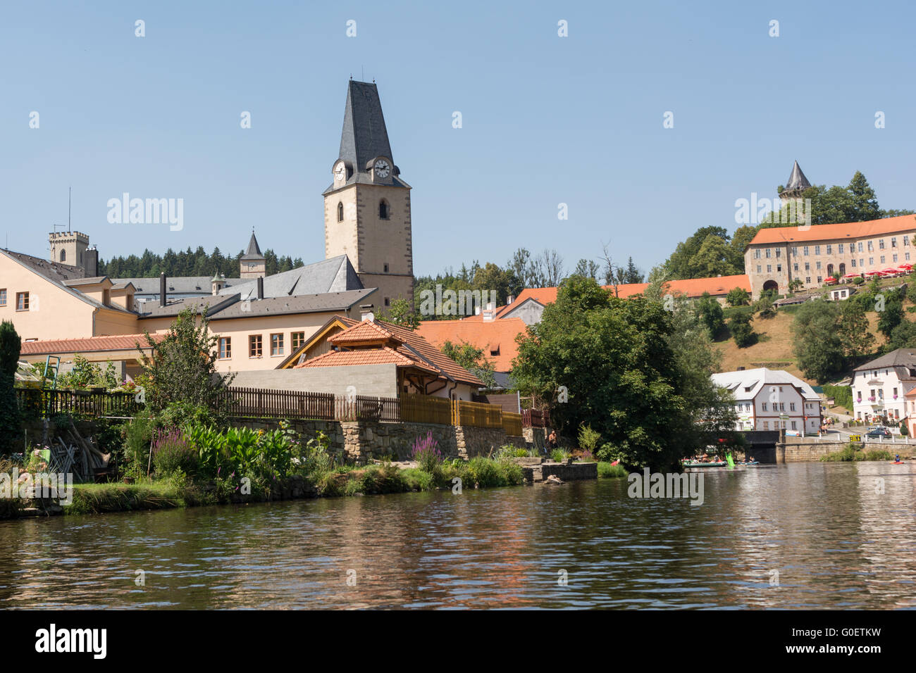 Rosenberg with church and castle - Czech Republic Stock Photo