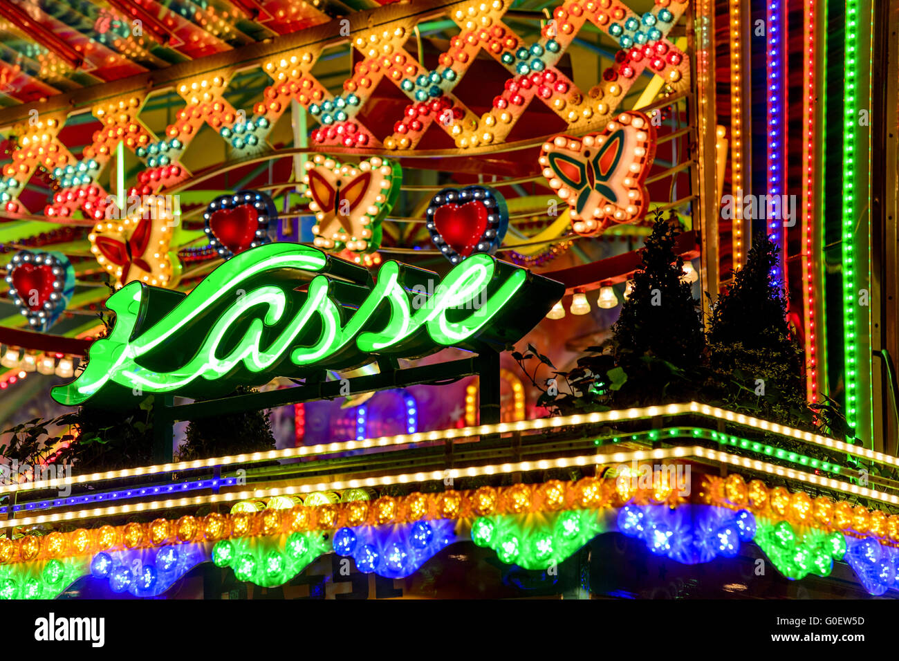at the wiesn, lettering, Kasse, at night Stock Photo