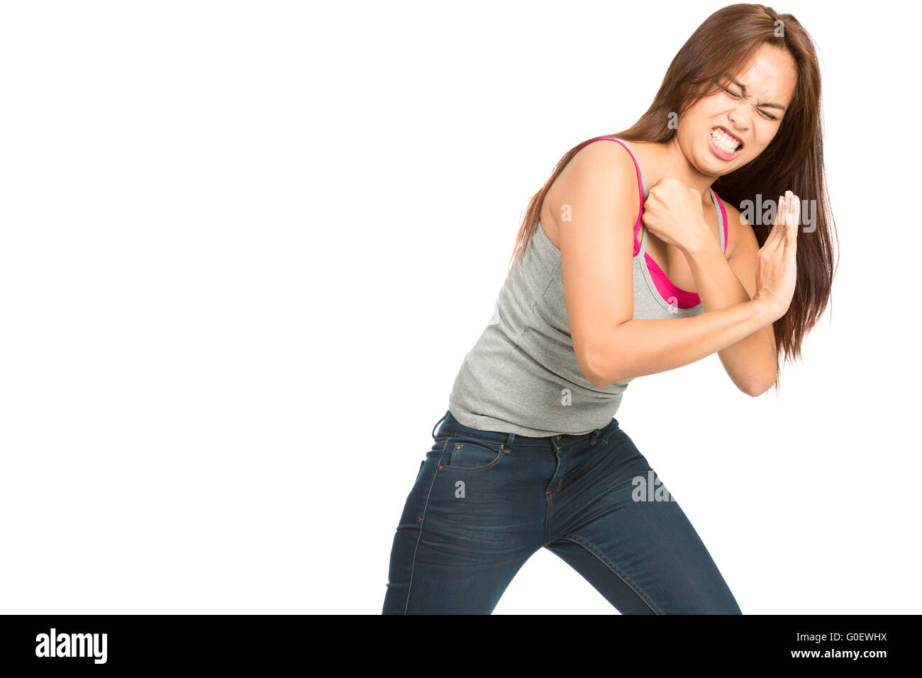 Fighting Woman Body Pushing Against Side Object H Stock Photo