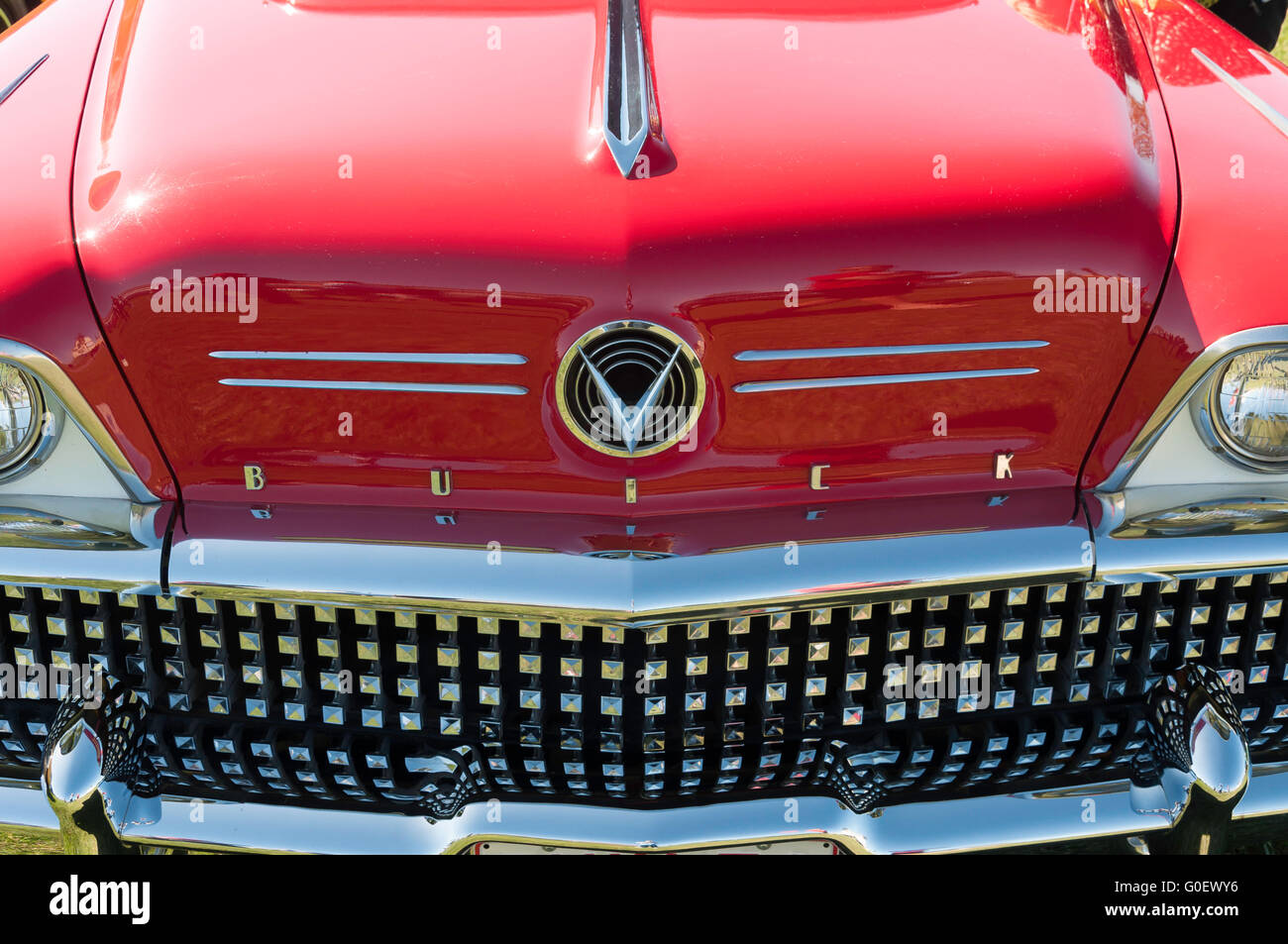 Front grill of red 1958 Buick Century at National Hot Rod Show, A&P showground, Wigram, Christchurch, Canterbury, New Zealand Stock Photo