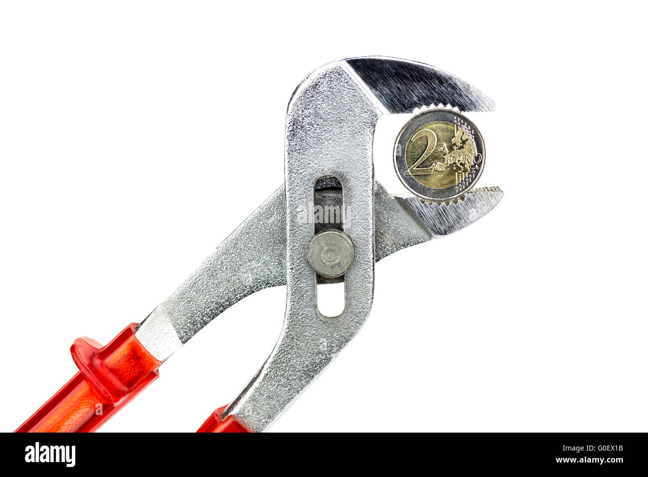 Water pump pliers holding two euro coin on white b Stock Photo