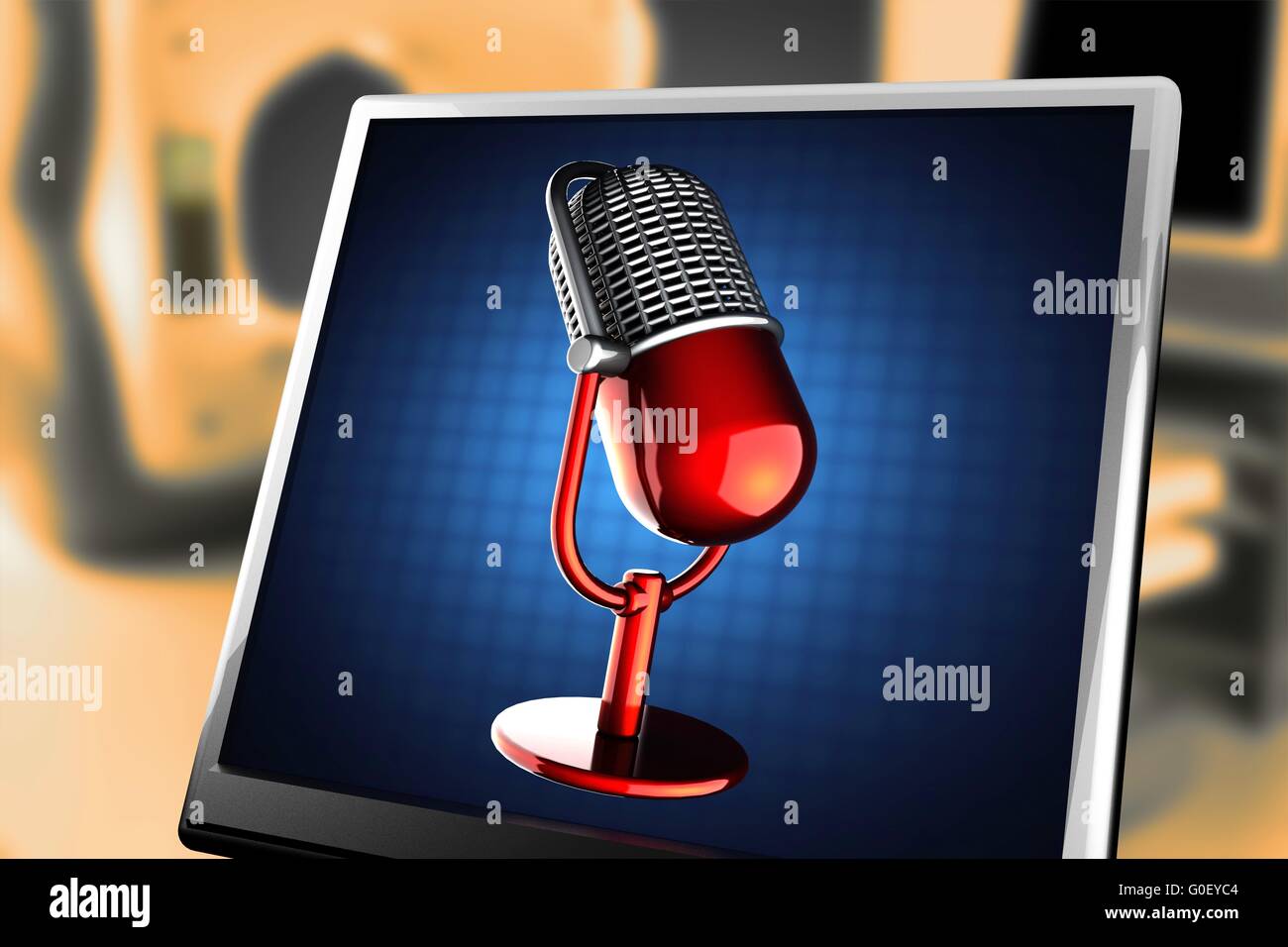 Retro microphone on blue background at monitor Stock Photo