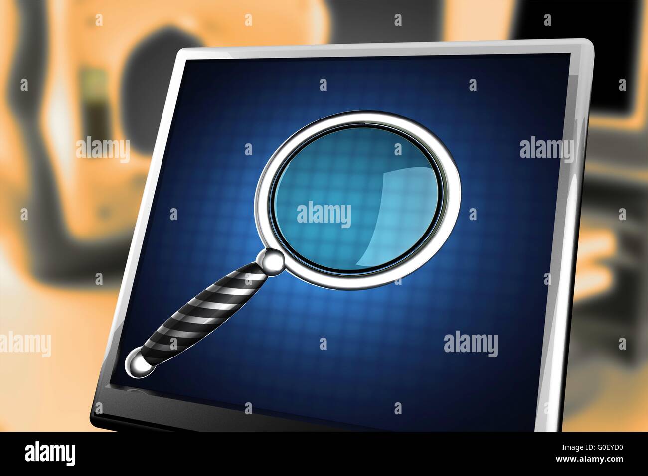 Magnifying Glass on blue background at monitor Stock Photo Alamy