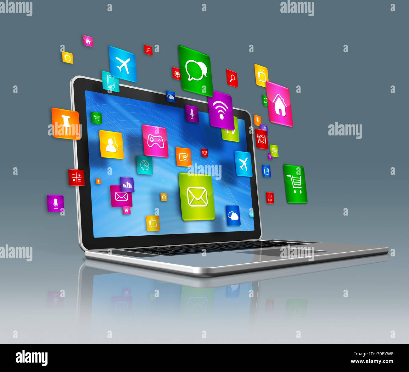 Laptop Computer and flying apps icons on a grey background Stock Photo ...