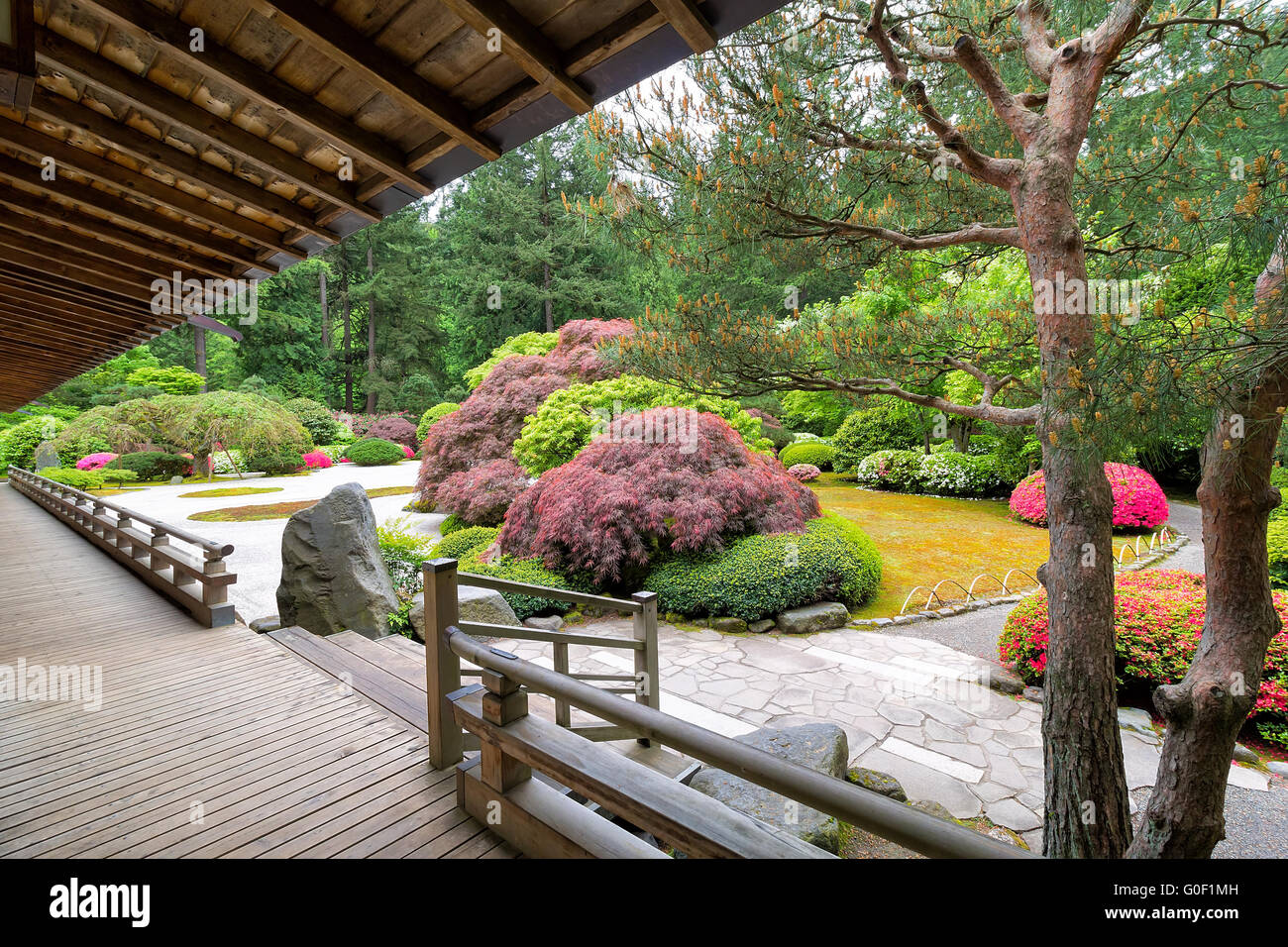 Japanese Flat Garden View from the Veranda of the Pavilion in Spring Stock Photo
