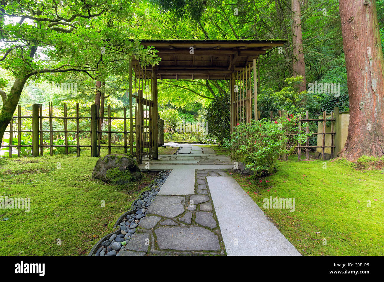 Covered Gate at Japanese Garden in Springtime Stock Photo
