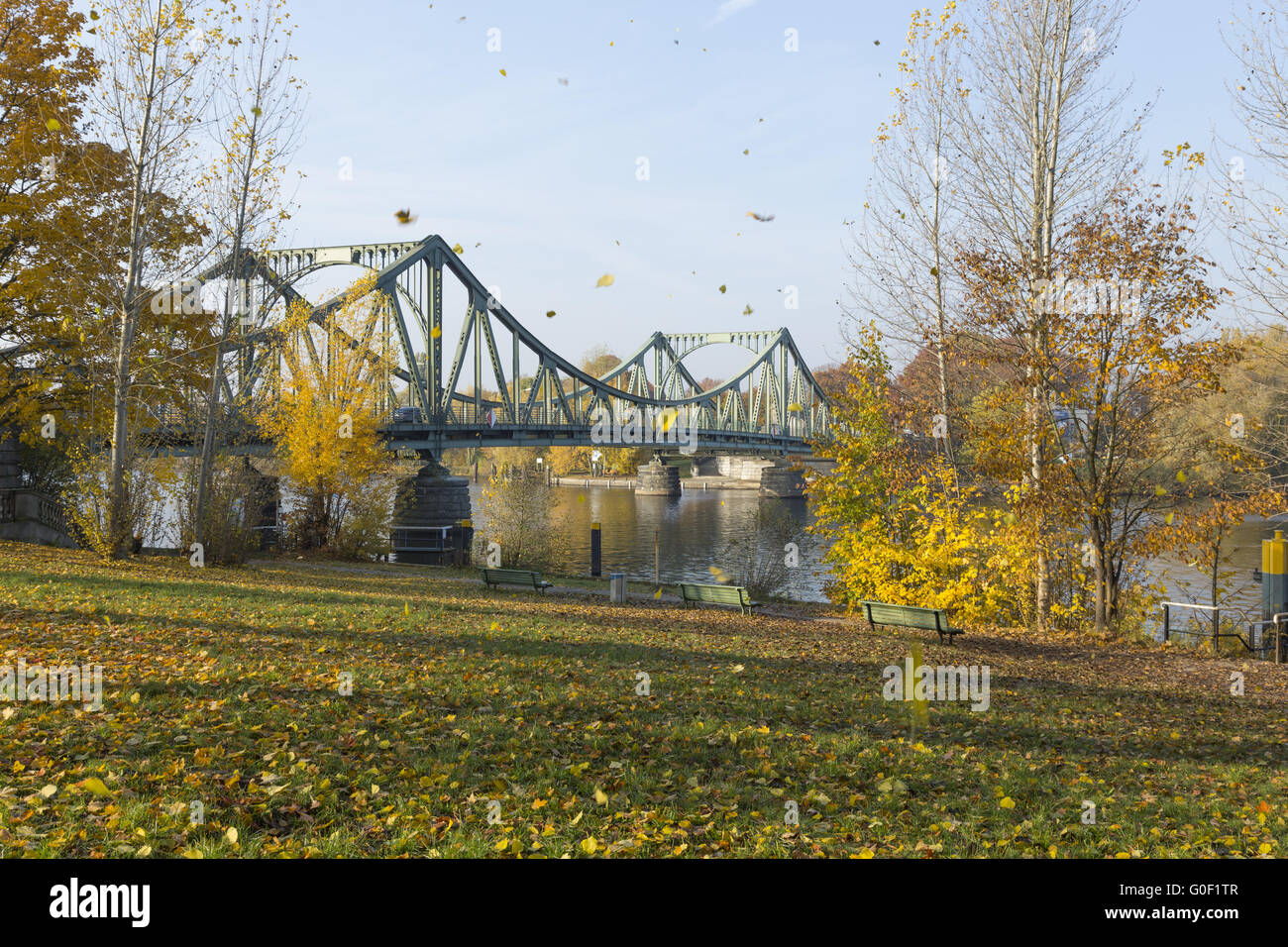 Leaves fall on Glienicke Bridge Stock Photo