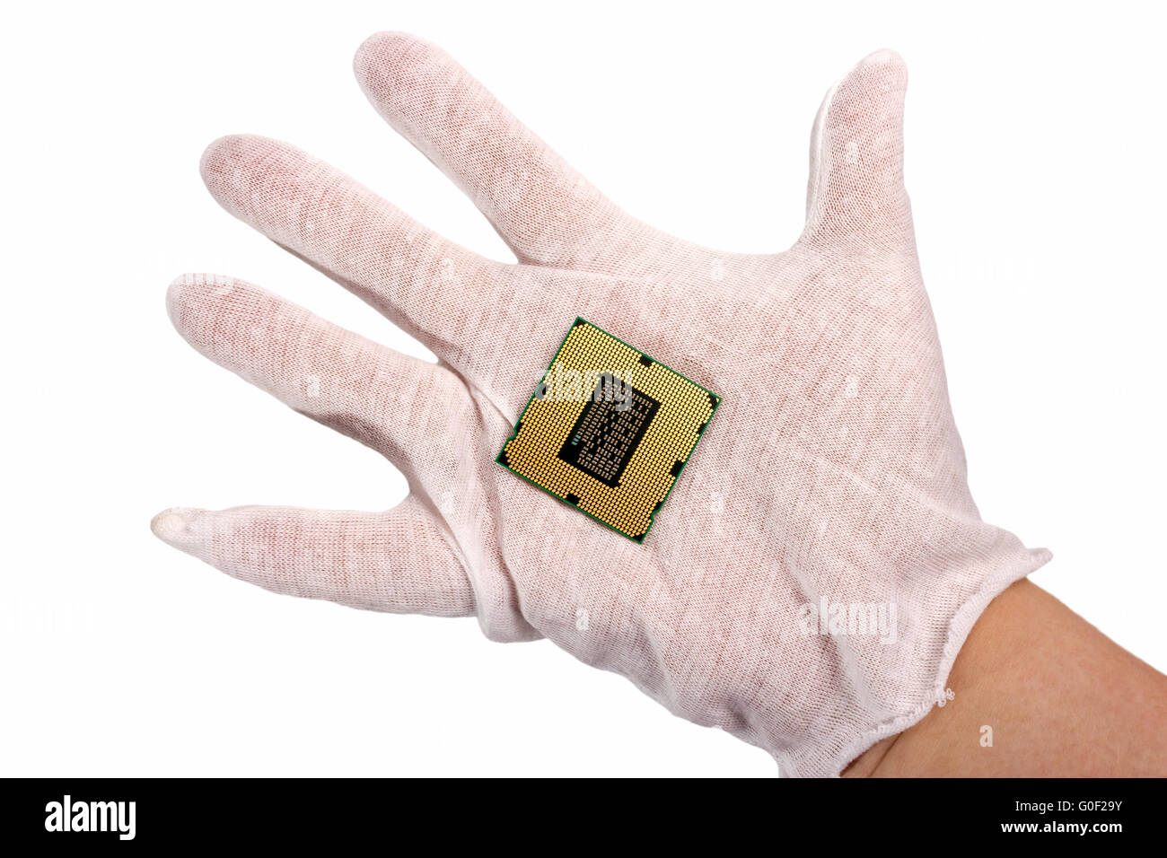 Hand holding a CPU from the bottom side isolated Stock Photo