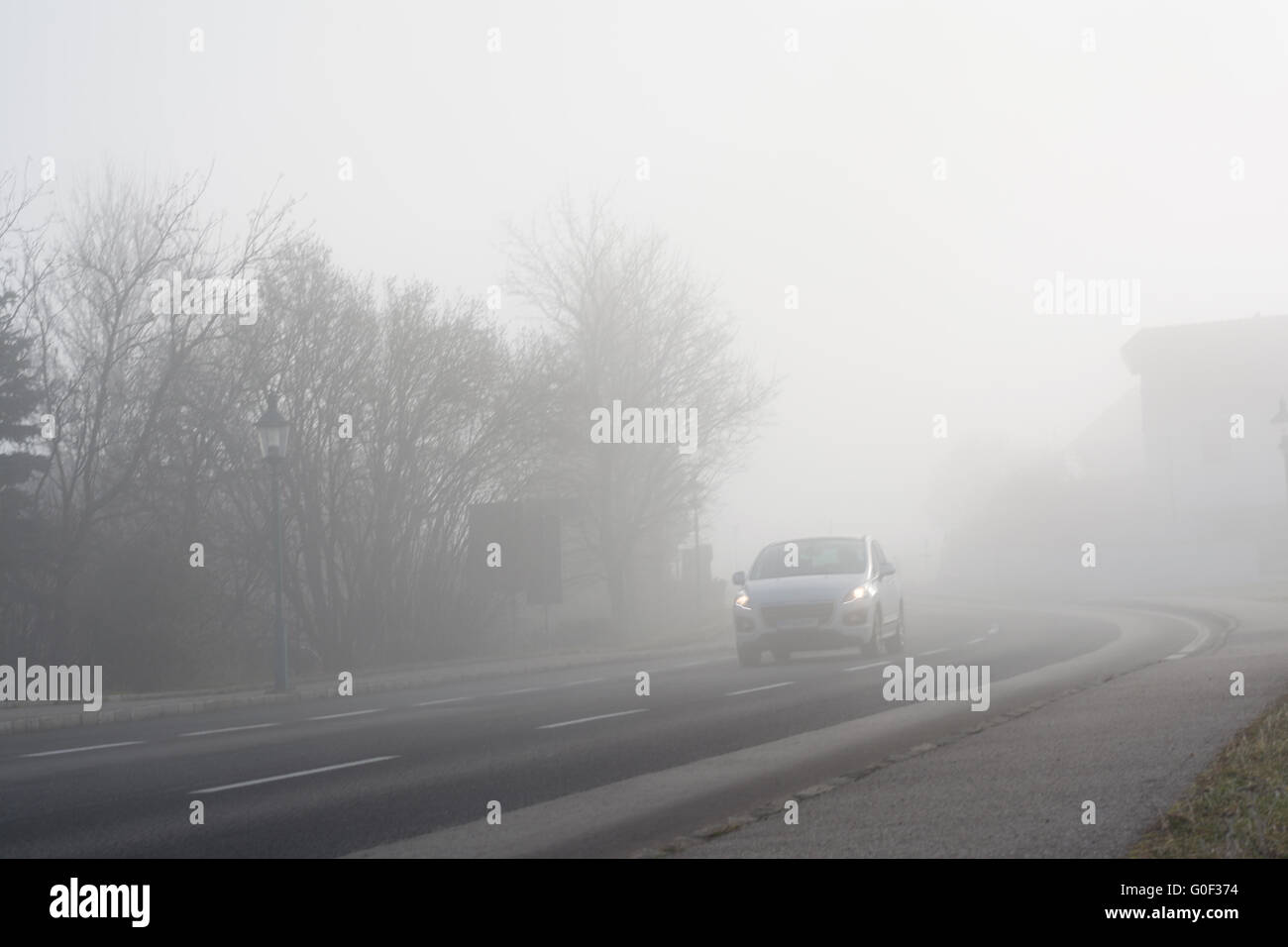 Impairment of visibility for motorists by fog Stock Photo