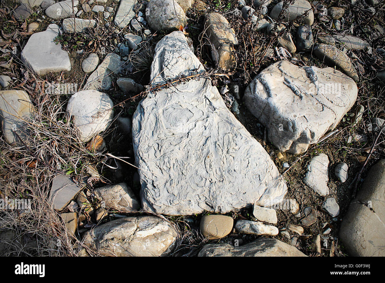 several large stones with relief structure on the ground Stock Photo ...