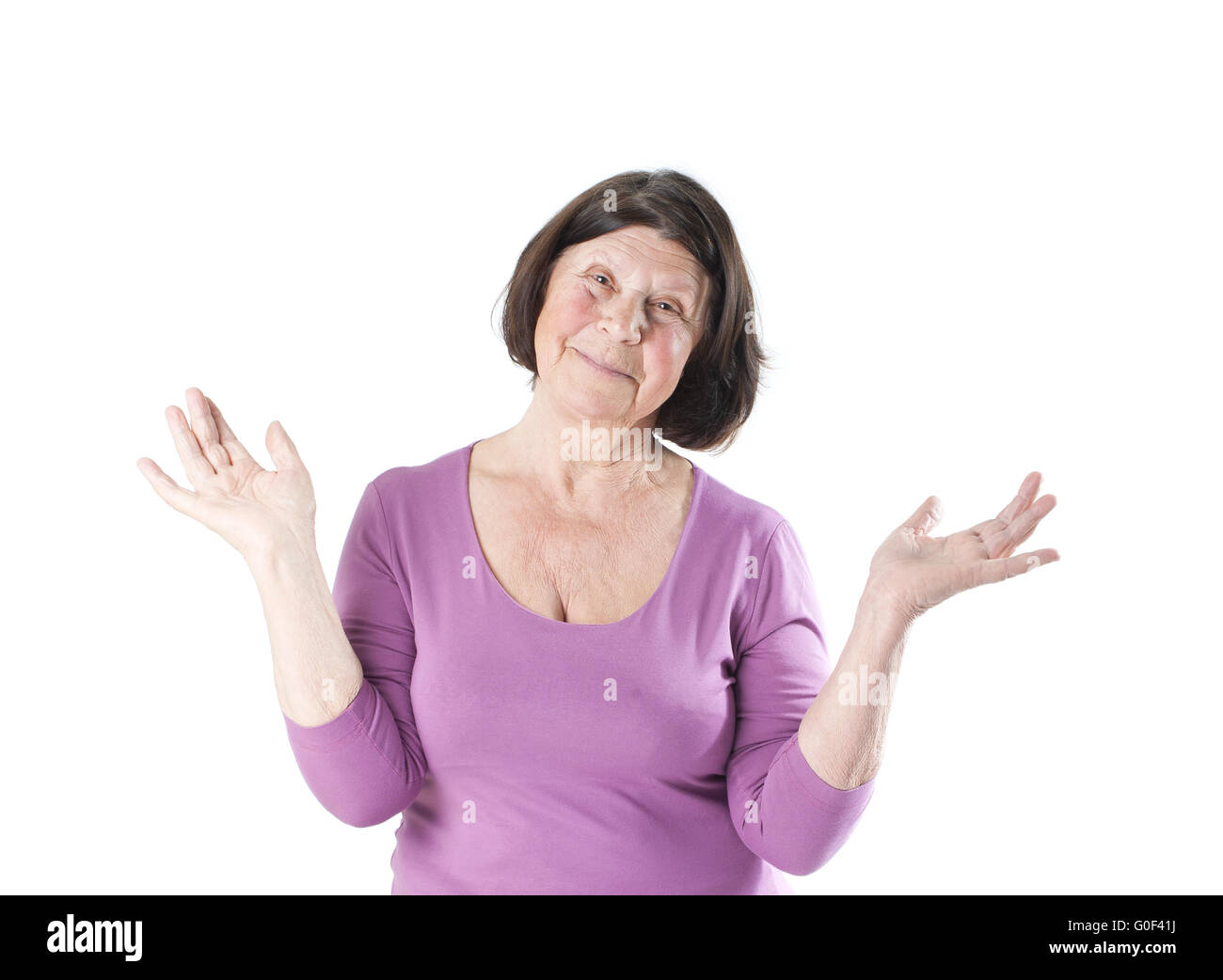 Elderly woman throws up his hands to the side Stock Photo Alamy