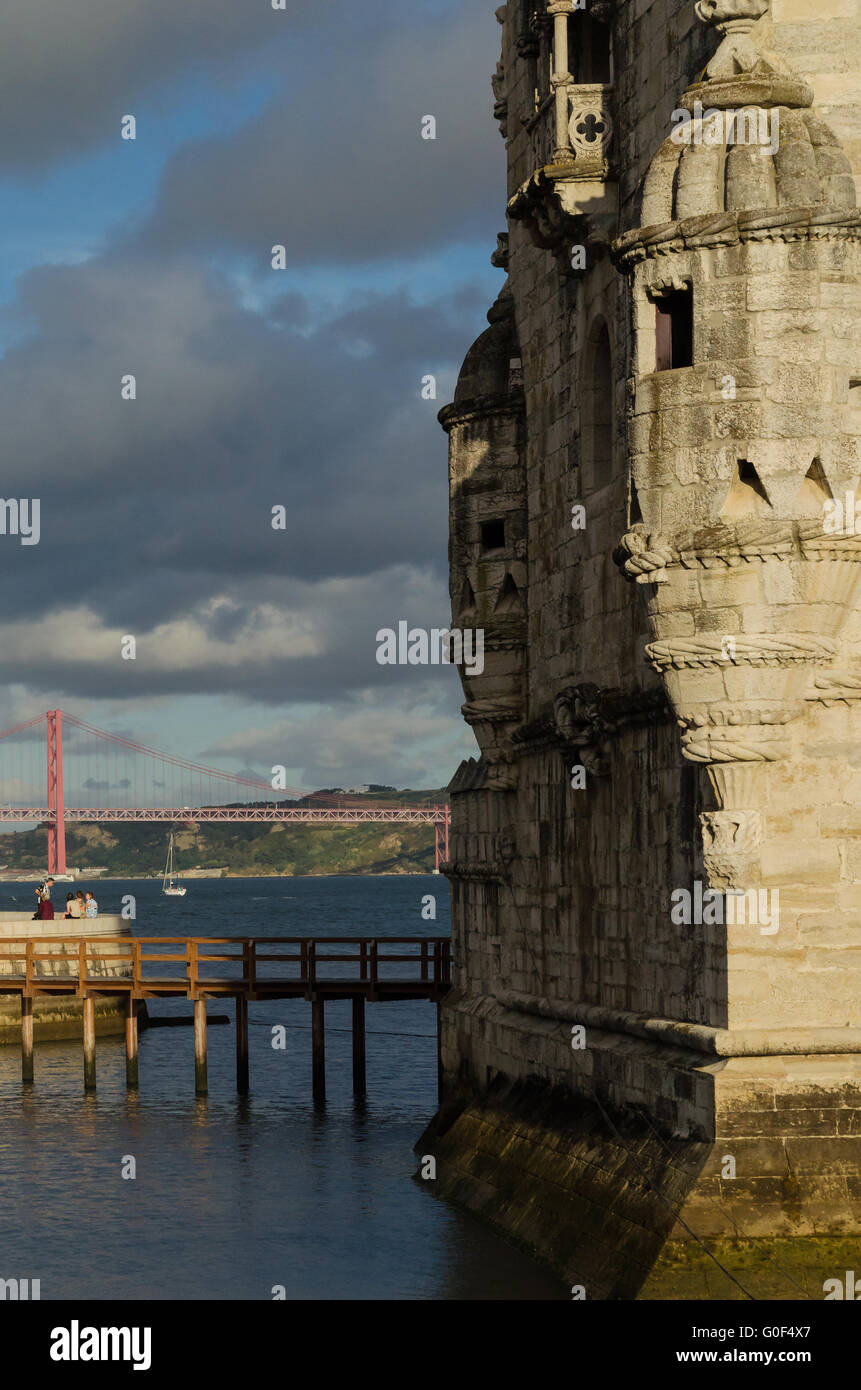 details of the belem tower at sunset, symbol of lisbon Stock Photo