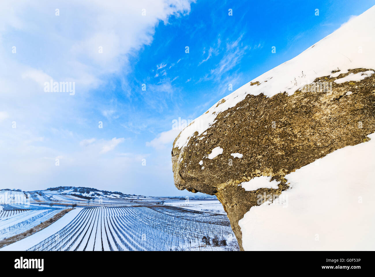 Winter landscape with vineyard and rocks in Oggau Stock Photo