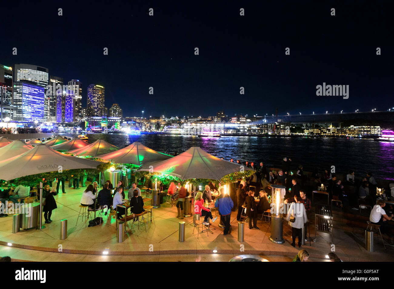Outdoor Bars and Restaurant during Vivid Festival, Circular Quay, Sydney Harbour, New South Wales, Australia Stock Photo