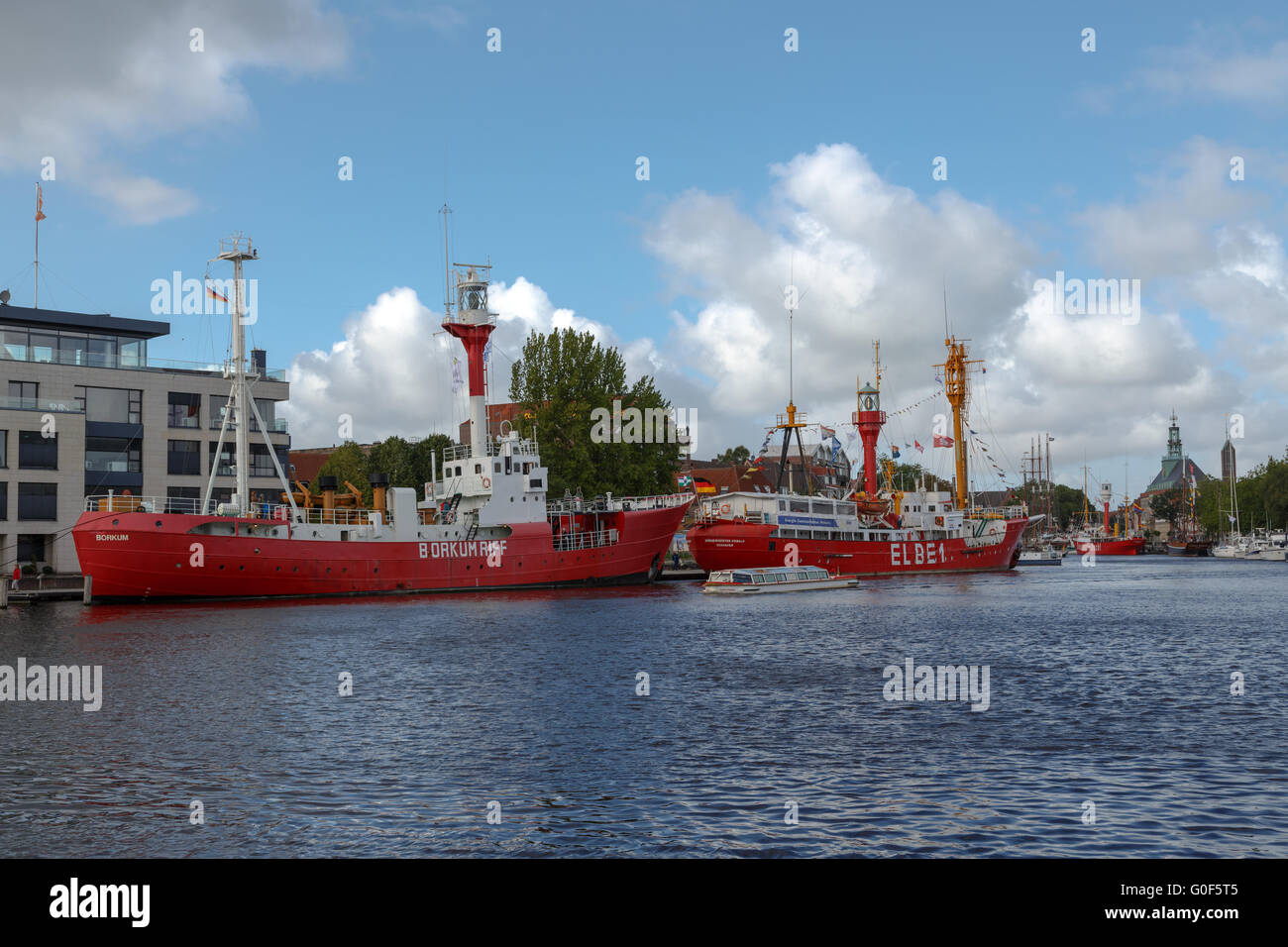Three Lightships in the inner harbor Emden Fire Stock Photo