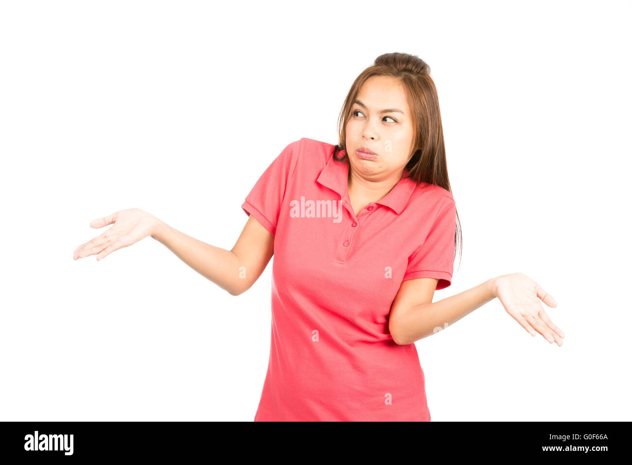 Not Sure Asian Woman Shoulders Shrugging Hands Up Stock Photo