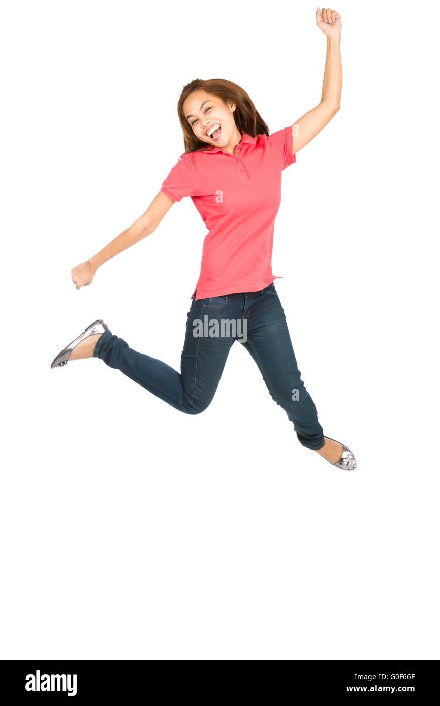 Extreme Celebration Jumping Asian Woman Fist Pump Stock Photo