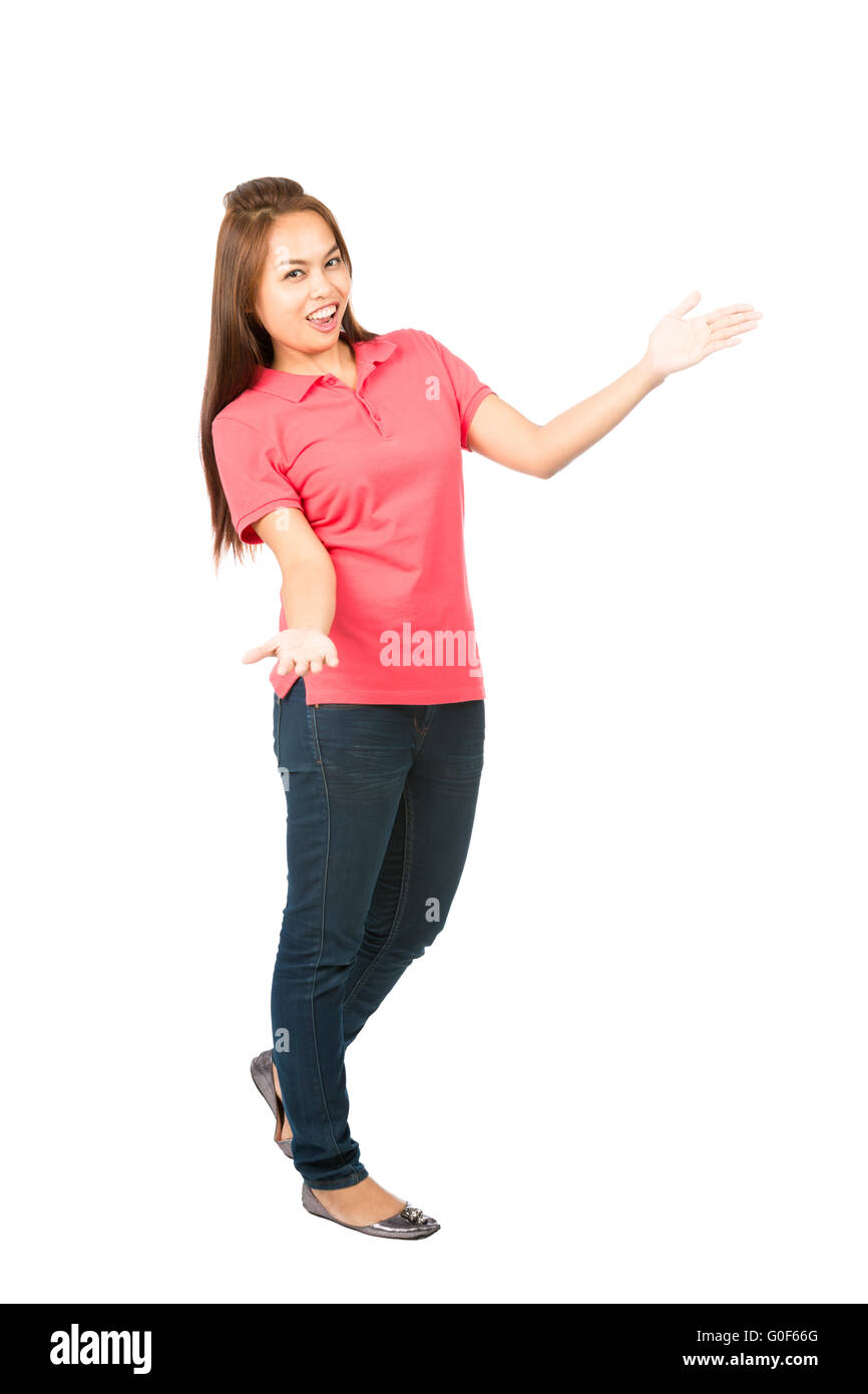 Displaying Presenting Product Asian Woman Full At Stock Photo