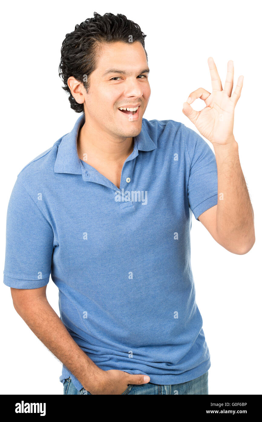 Casual OK Hand Gesture Latino Male Smiling Left Stock Photo