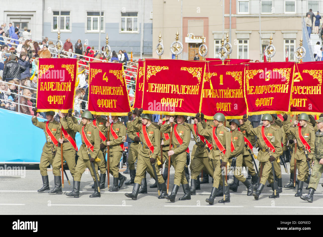 Russian soldiers march at the parade on annual Victory Day Stock Photo