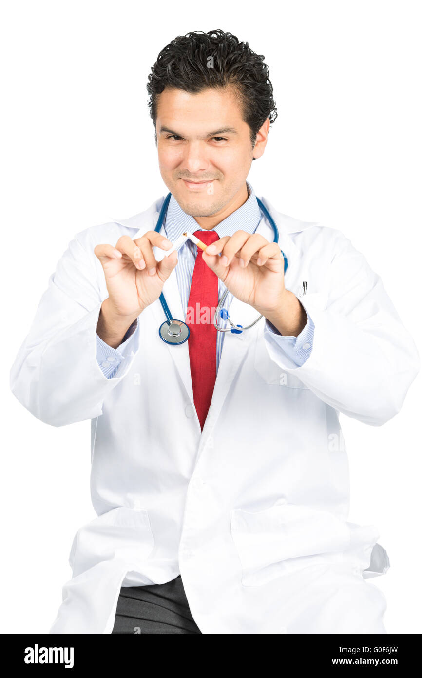 Latino Doctor Smiling Stopping Smoking Close-up V Stock Photo