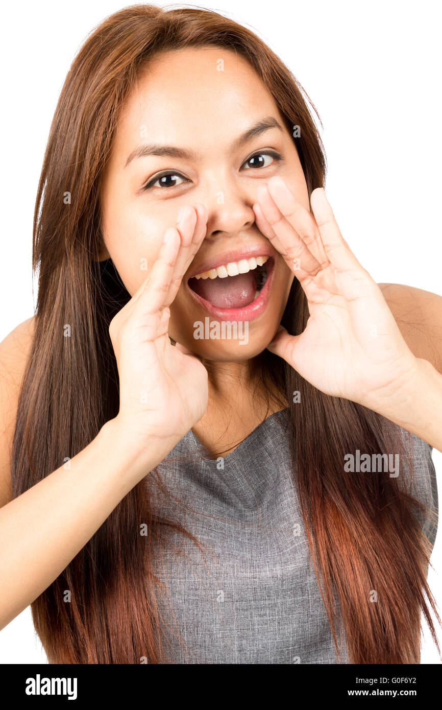 Close up Asian Girl Yelling Hands Around Mouth V Stock Photo