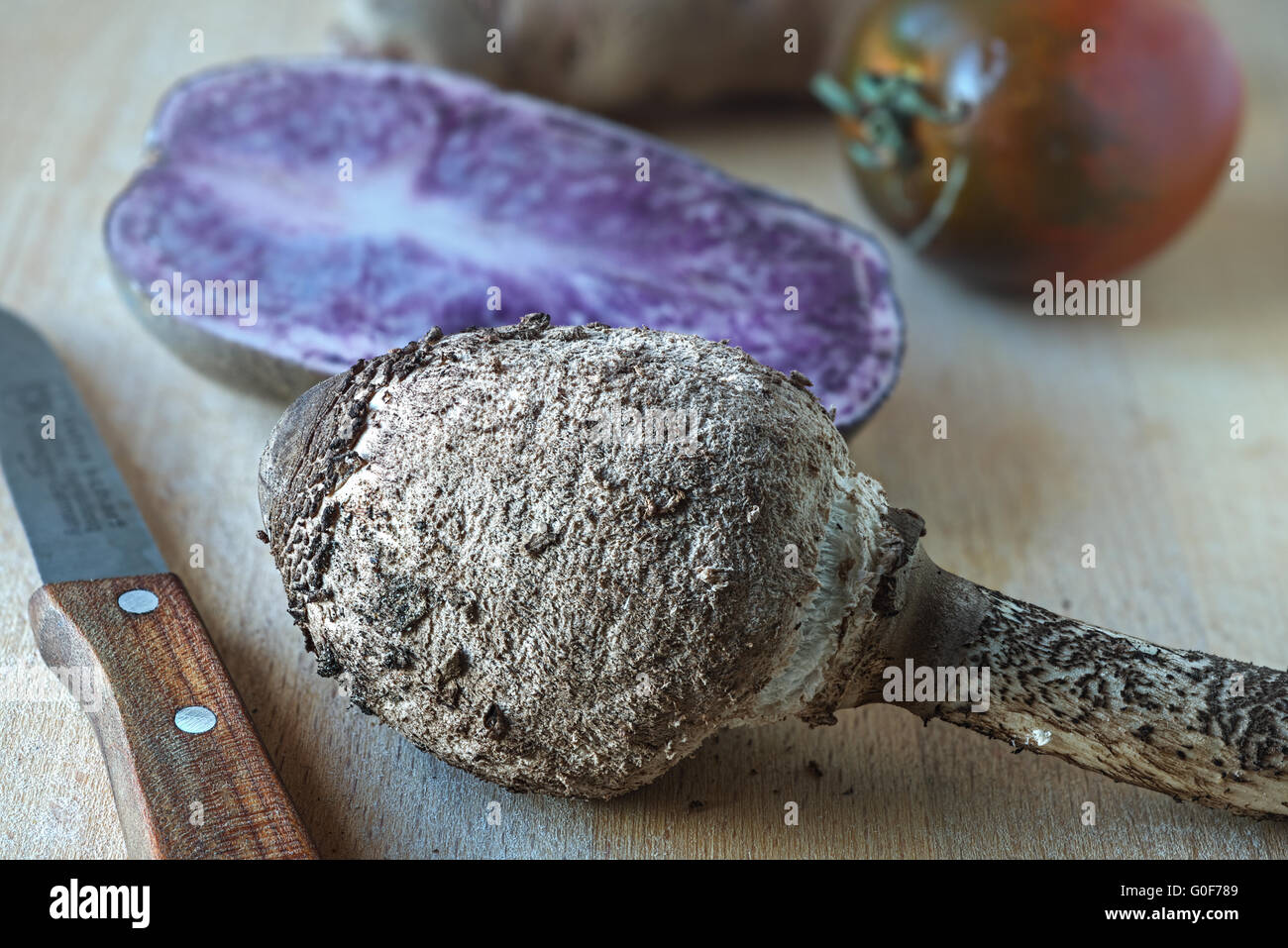 Young Parasol Mushroom and Blue Potato Stock Photo