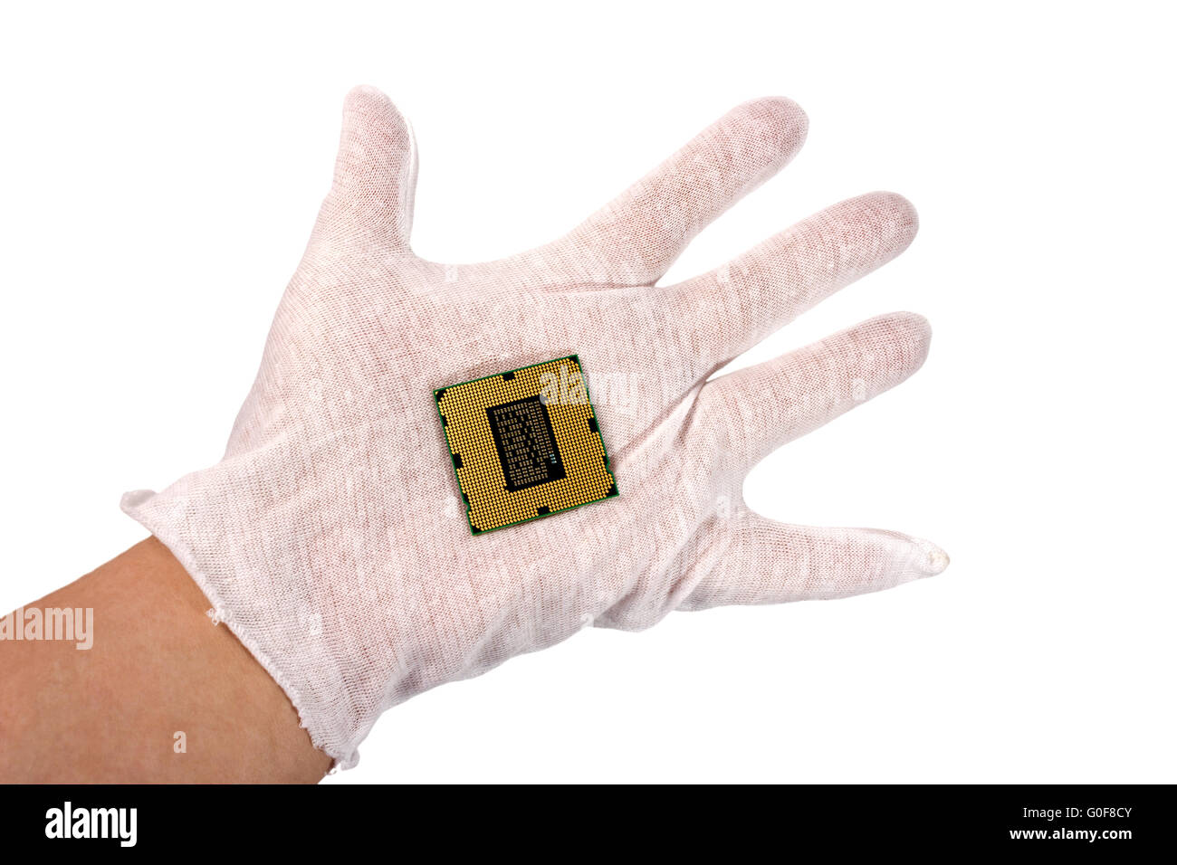 CPU in hand from the bottom side isolated on white Stock Photo