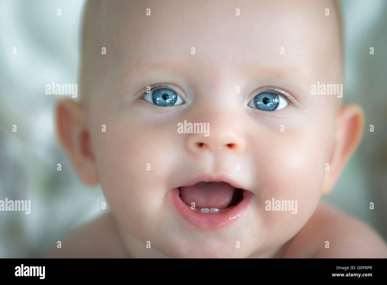 Close up of smiling baby, 6 months old showing blue eyes and two baby teeth. Stock Photo