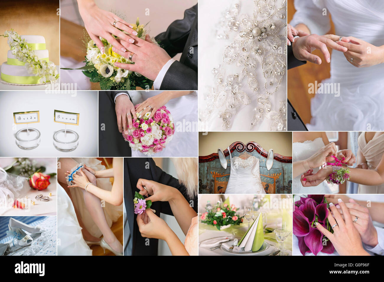 Wedding theme collage composed of different details  images Stock Photo