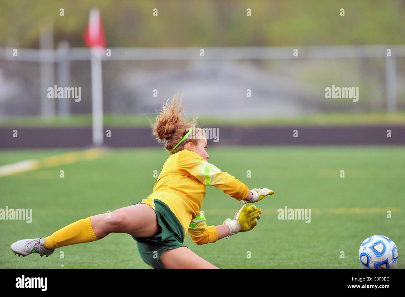 A sprawling keeper diving to make a save on a shot during a high school soccer match. USA. Stock Photo