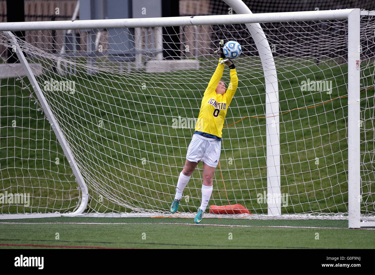 A keeper leaves her feet to make a leaping save on a ball that had been destined for a top corner of the goal. USA. Stock Photo