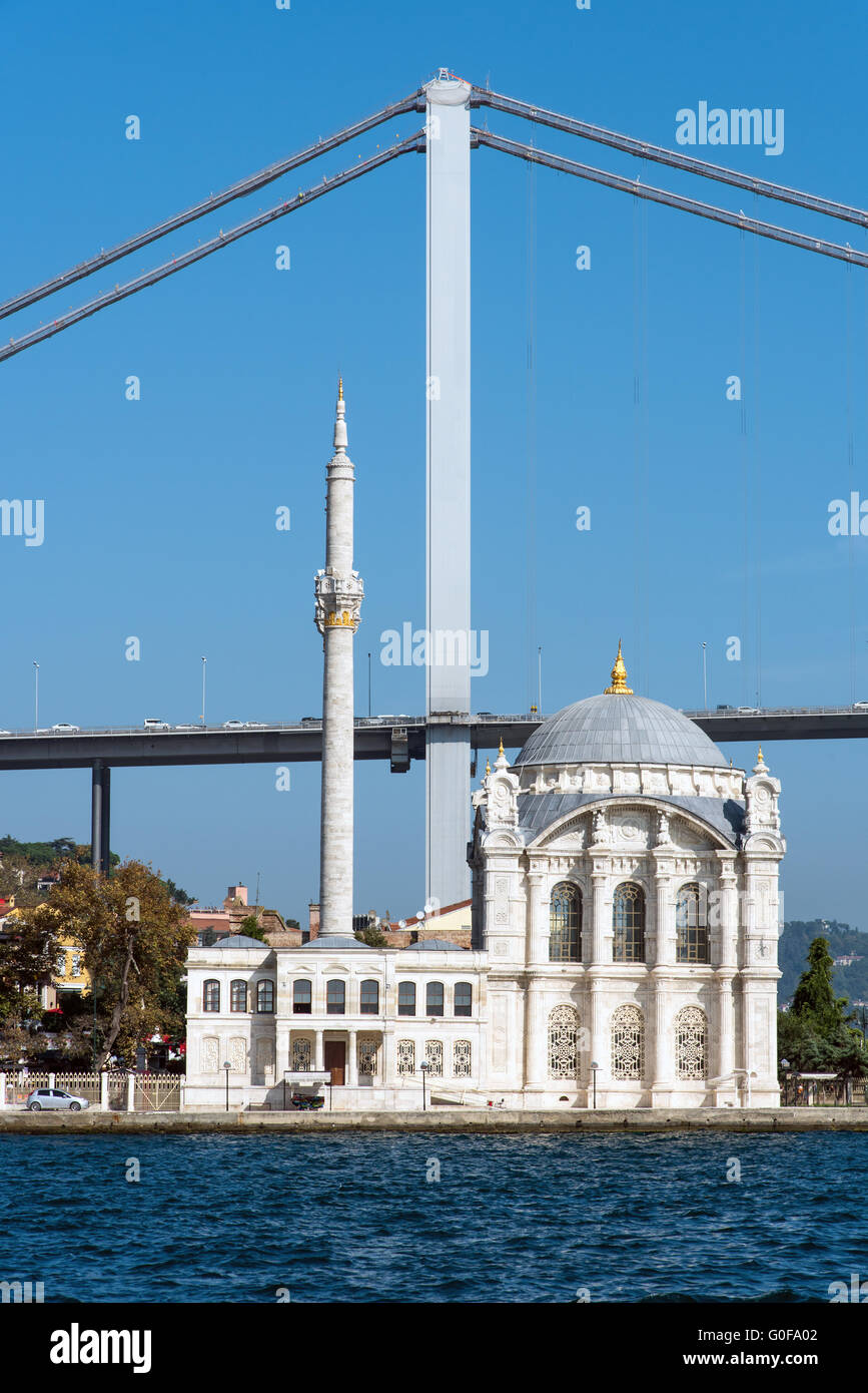 The Ortakoy Mosque and the first Bosphorus bridge Stock Photo