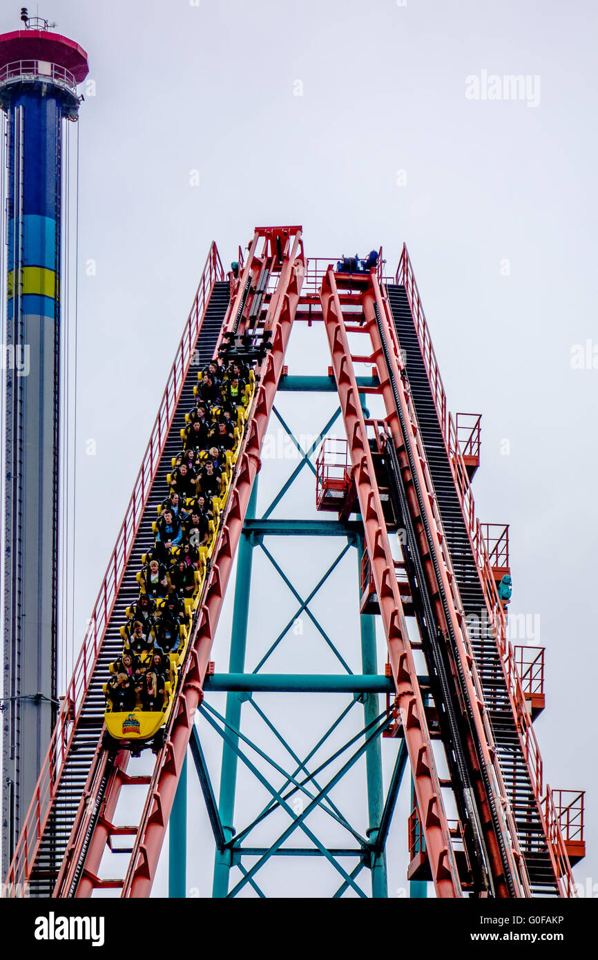 crazy rollercoaster rides at amusement park Stock Photo Alamy