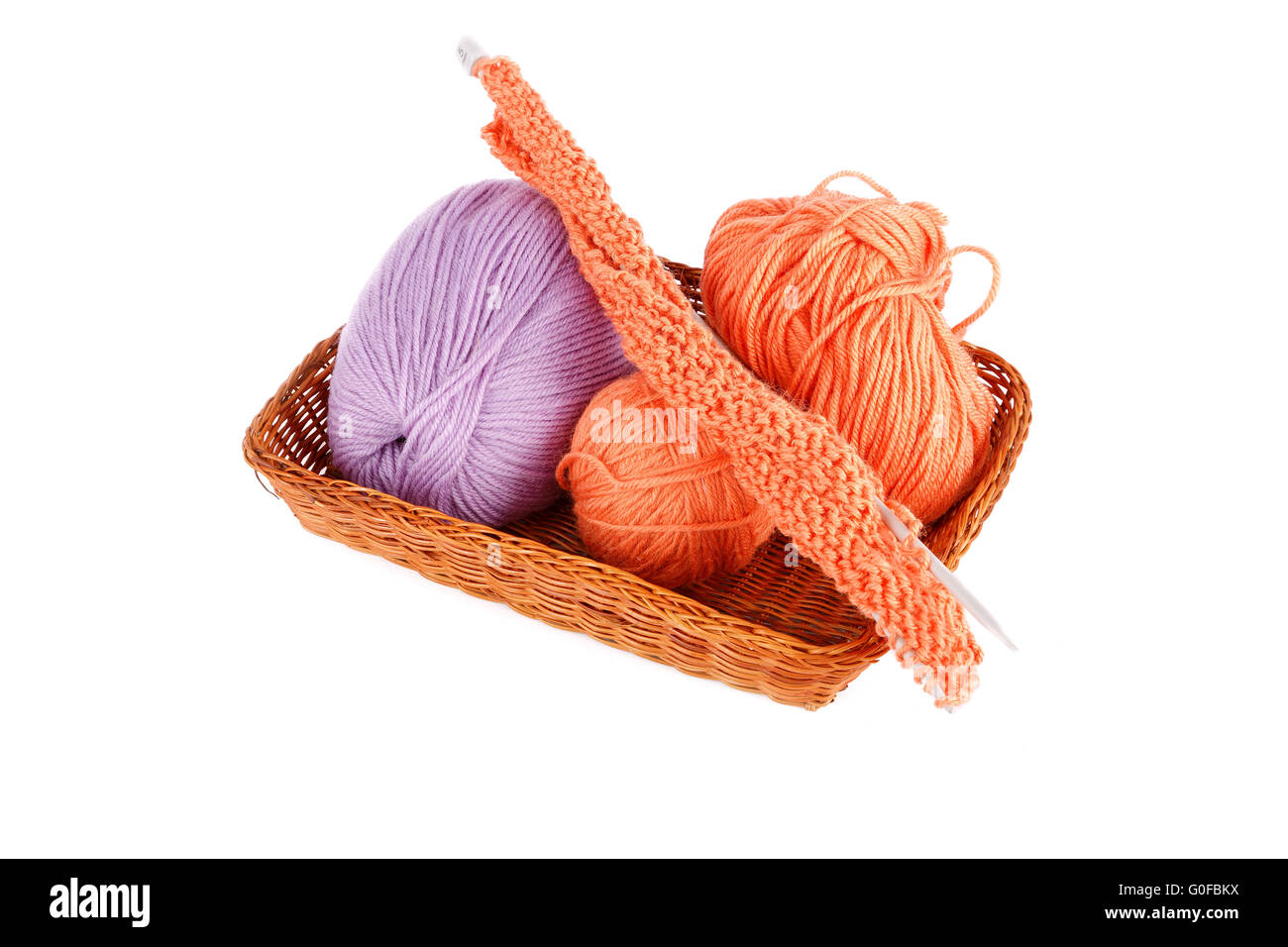 Balls of a yarn knitting in wooden box on white background Stock Photo
