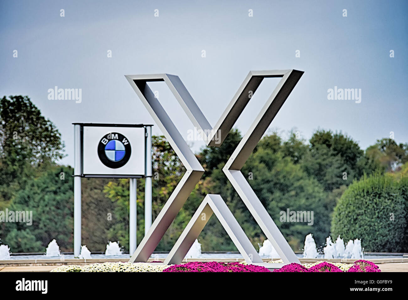 SPARTANBURG SC - October 2015   sign at the BMW assembly plant in Spartanburg, South Carolina on July 28, 2012. The BMW X3, X5 a Stock Photo