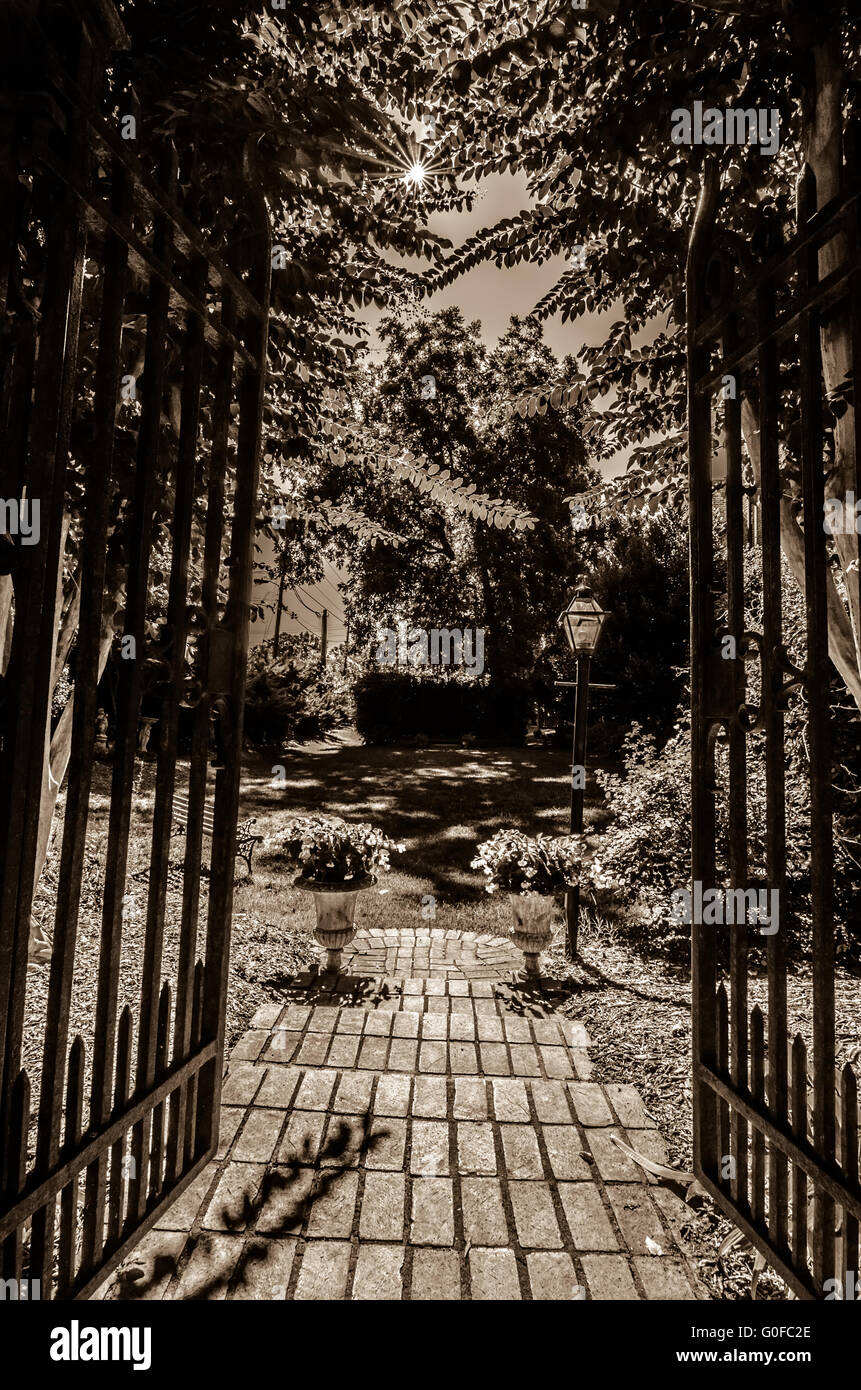 Classical design black wrought iron gate in a beautiful green garden ...